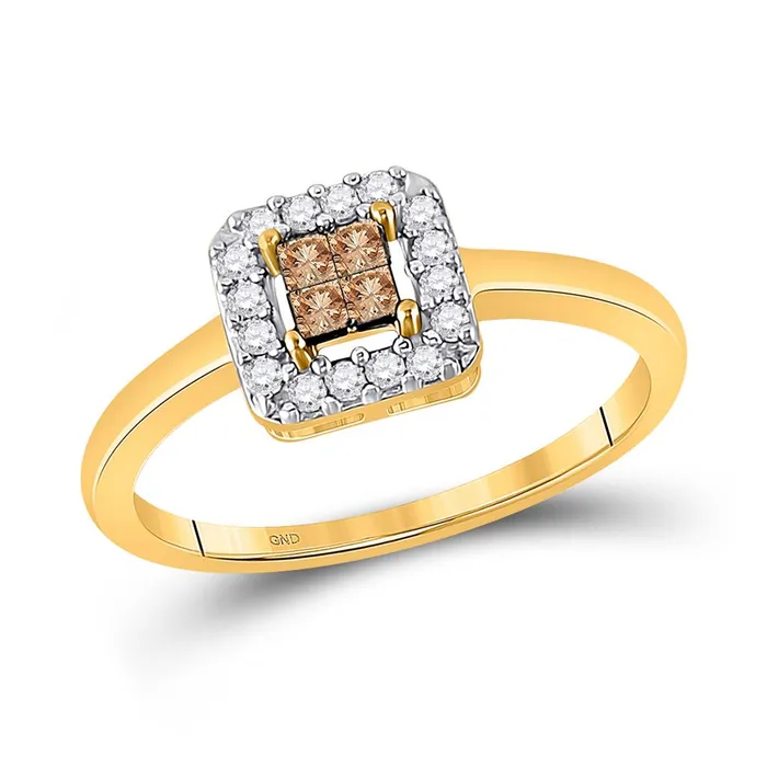 Rings gndatlanta 10k Yellow Gold Princess Brown Diamond Square Cluster Halo Ring 14 Cttw