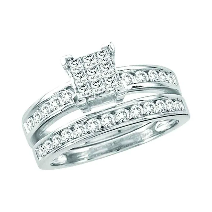Rings gndatlanta 14k White Gold Princess Diamond Cluster Bridal Wedding Ring Set 1 Cttw