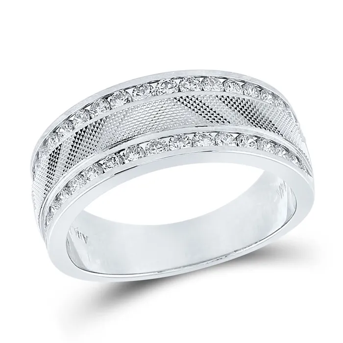 Rings gndatlanta 14k White Gold Round Diamond Double Row Textured Wedding Band Ring 1 Cttw