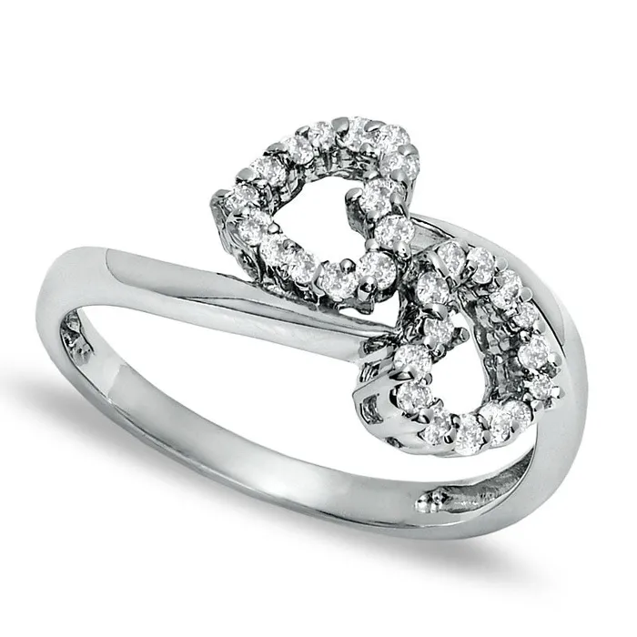 Rings Goldia 020 CT TW Natural Diamond Double Heart Bypass Ring in Solid 10K White Gold