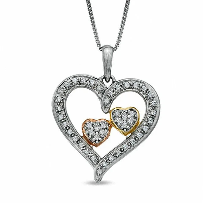 Rings Goldia 025 CT TW Natural Diamond Embracing Hearts Pendant in Sterling Silver and 14K TwoTone Gold Plate