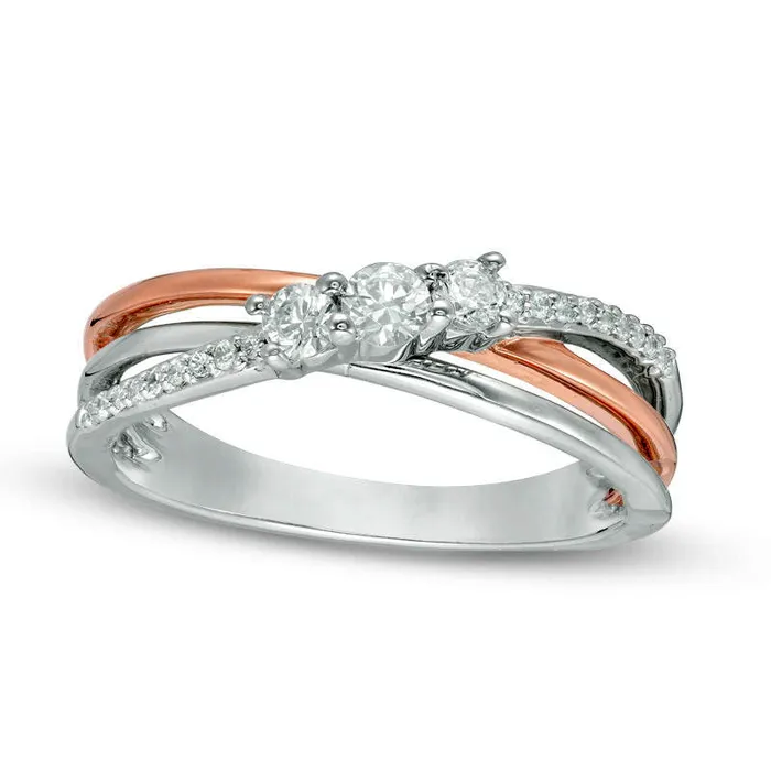 Rings Goldia 033 CT TW Natural Diamond Three Stone Crossover Ring in Solid 10K TwoTone Gold