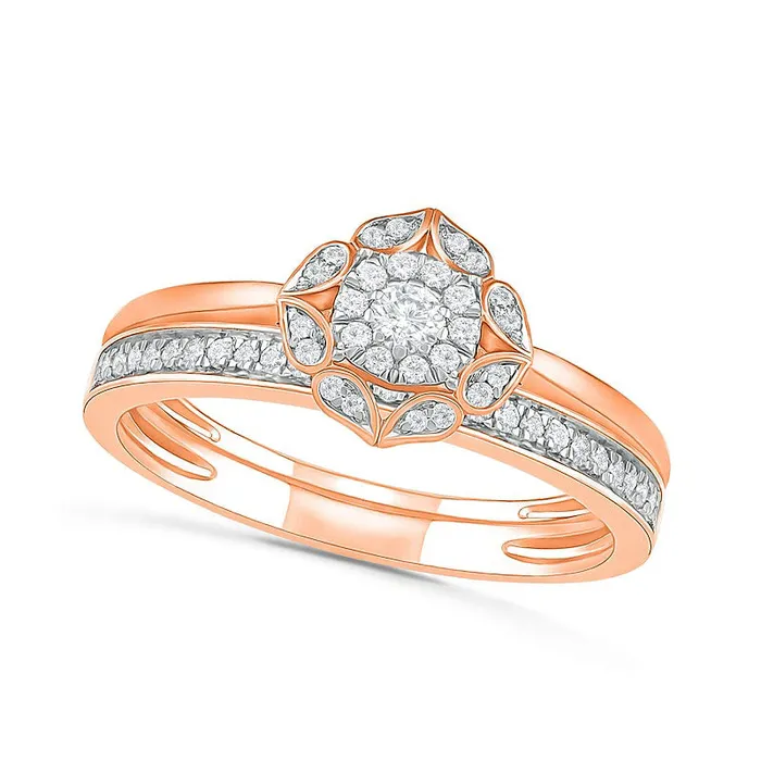 Rings Goldia 033 CT TW Natural Diamond Flower Frame Bridal Engagement Ring Set in Solid 10K Rose Gold