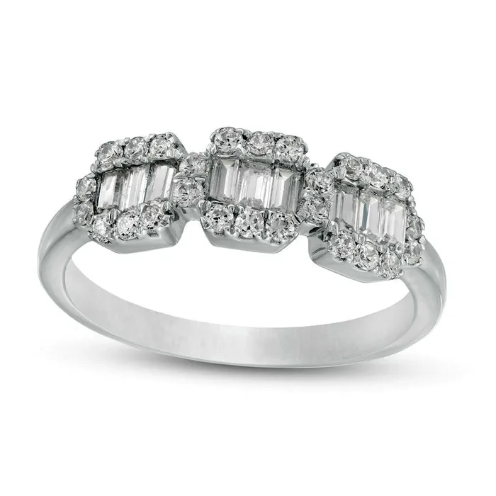Rings Goldia 050 CT TW Baguette and Round Natural Diamond Composite Three Stone Ring in Solid 10K White Gold