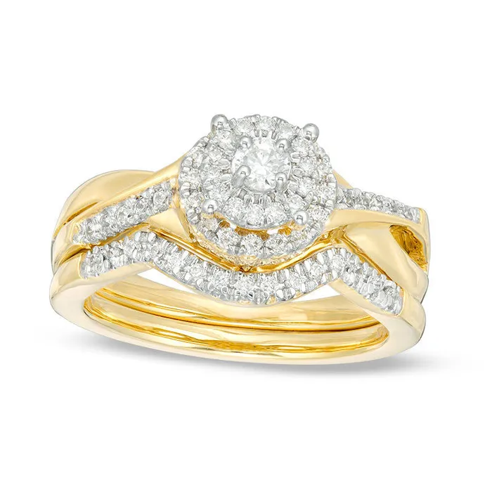 Rings Goldia 050 CT TW Natural Diamond Double Frame Twist Bridal Engagement Ring Set in Solid 10K Yellow Gold