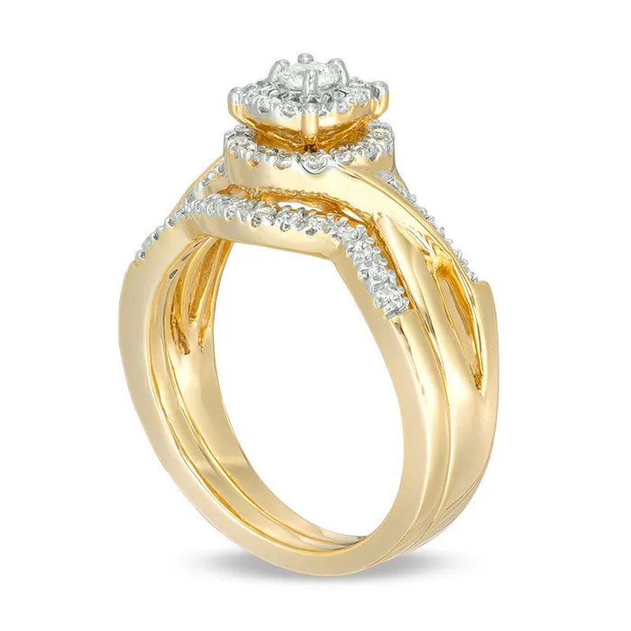 Rings Goldia 050 CT TW Natural Diamond Double Frame Twist Bridal Engagement Ring Set in Solid 10K Yellow Gold