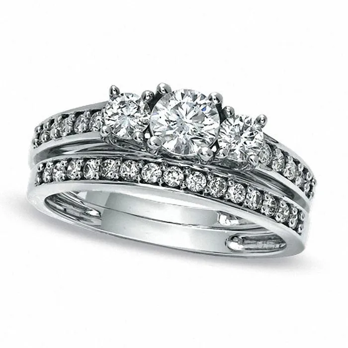 Rings Goldia 088 CT TW Natural Diamond Three Stone Bridal Engagement Ring Set in Solid 10K White Gold