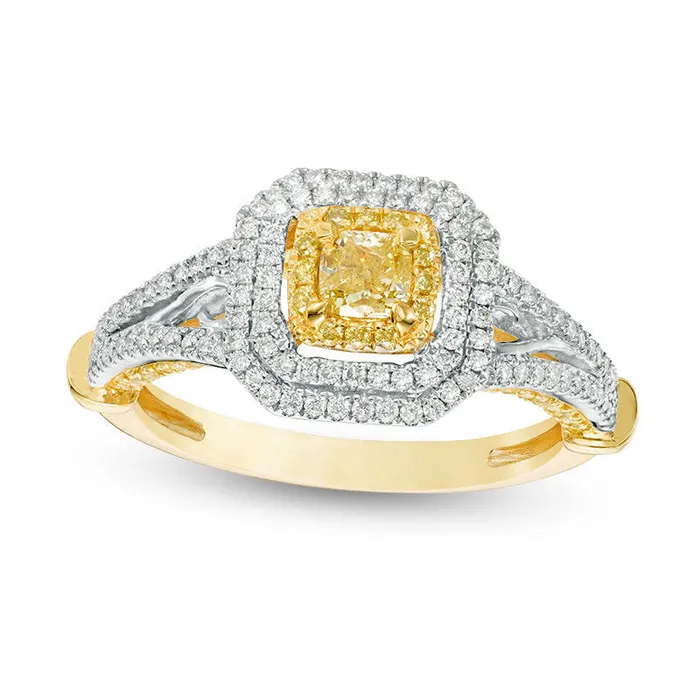 Rings Goldia 10 CT TW CushionCut Yellow and White Natural Diamond Triple Frame Engagement Ring in Solid 14K Two Tone Gold Size 7