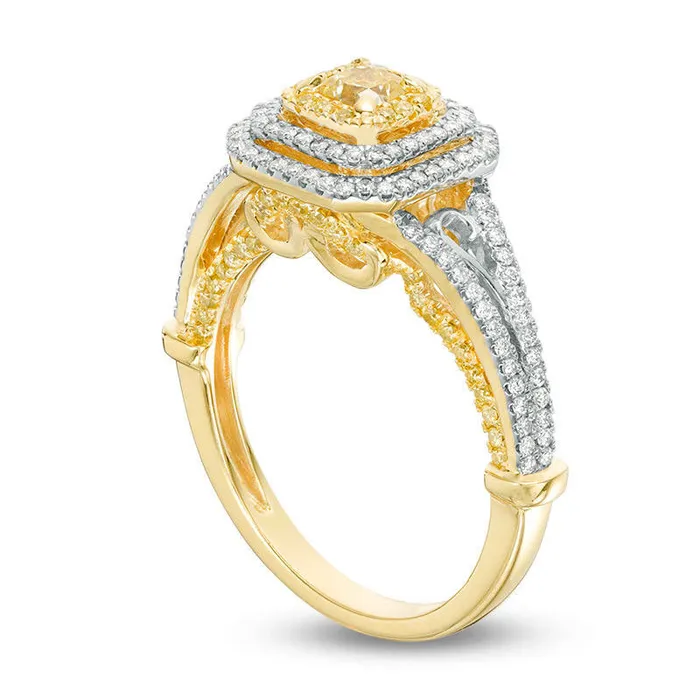 Rings Goldia 10 CT TW CushionCut Yellow and White Natural Diamond Triple Frame Engagement Ring in Solid 14K Two Tone Gold Size 7
