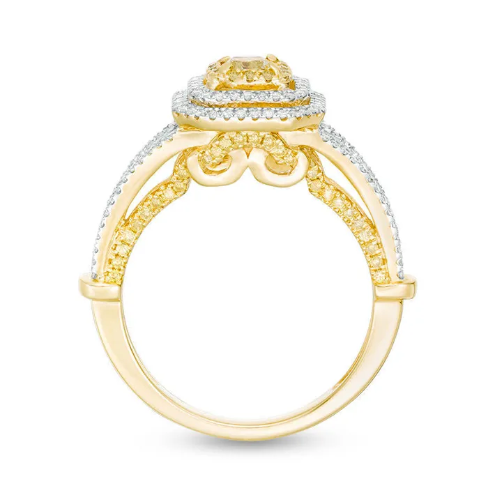Rings Goldia 10 CT TW CushionCut Yellow and White Natural Diamond Triple Frame Engagement Ring in Solid 14K Two Tone Gold Size 7
