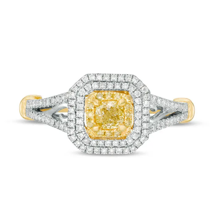 Rings Goldia 10 CT TW CushionCut Yellow and White Natural Diamond Triple Frame Engagement Ring in Solid 14K Two Tone Gold Size 7