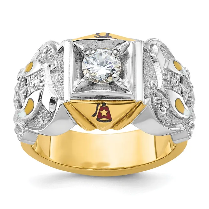 Rings Goldia 14k Twotone Gold Mens Polished and Textured with Multicolor Enamel and Diamond Masonic Shriners Ring