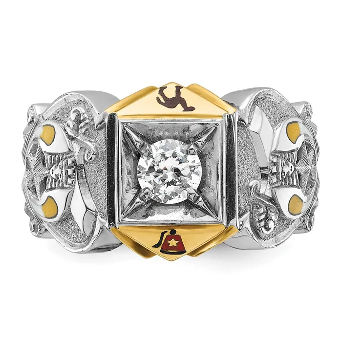 Rings Goldia 14k Twotone Gold Mens Polished and Textured with Multicolor Enamel and Diamond Masonic Shriners Ring