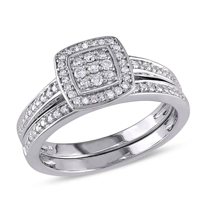 Rings Goldiacom 14 CT TW Diamond Square Cluster Bridal Engagement Ring Set in Sterling Silver