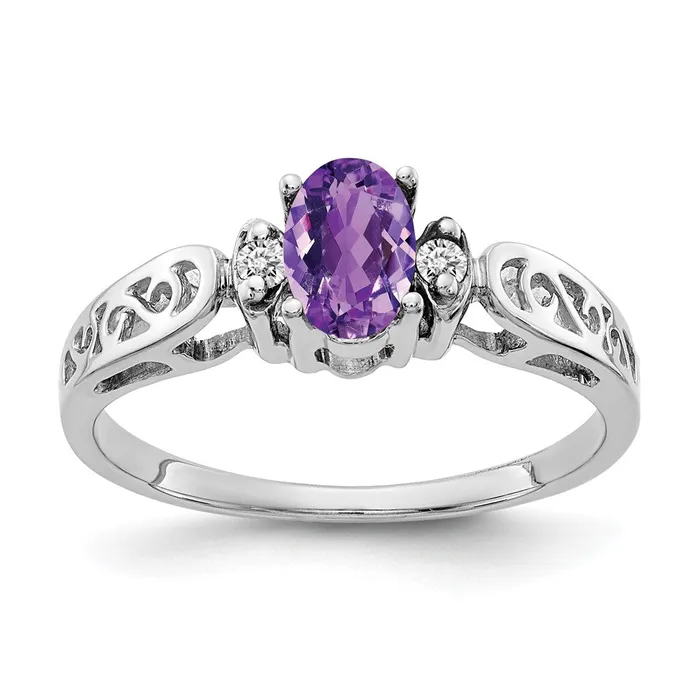 Rings Goldiacom 14k White Gold 6x4mm Oval Amethyst AA Real Diamond ring