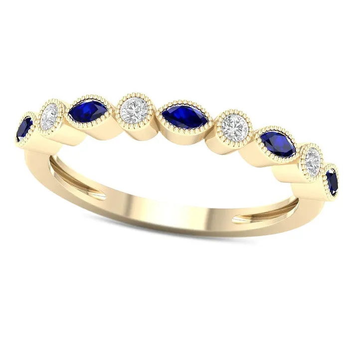 Rings Goldia Marquise Blue Sapphire and 010 CT TW Natural Diamond Four Stone Art Deco Stackable Ring in Solid 10K Yellow Gold