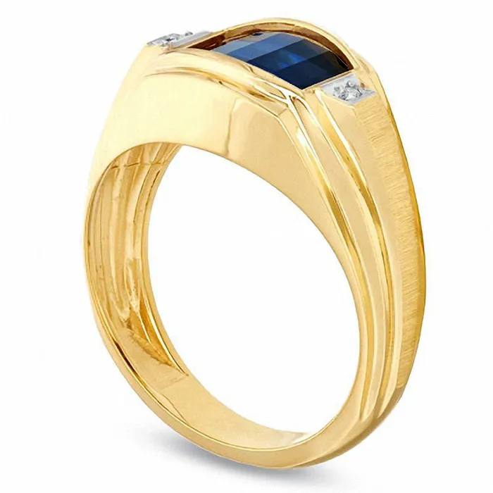 Rings Goldia Mens BarrelCut LabCreated Blue Sapphire and Diamond Accent Ring in Solid 10K Yellow Gold
