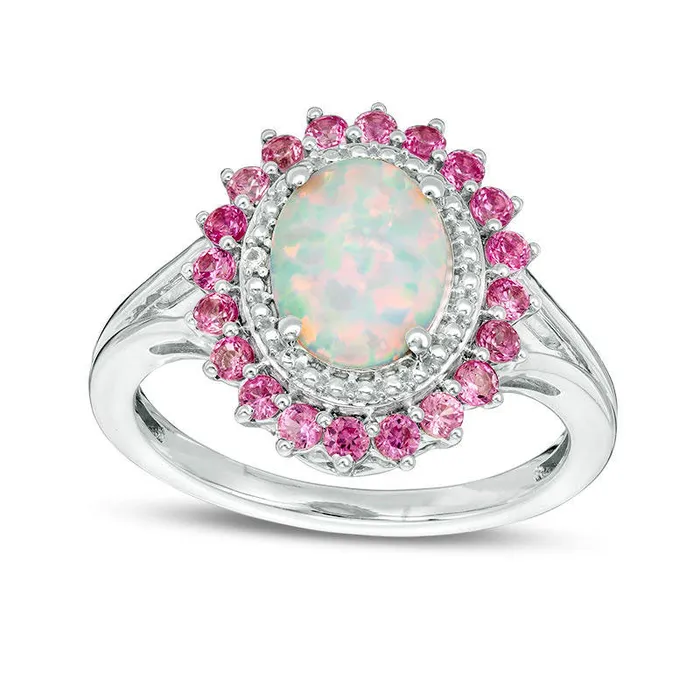 Rings Goldia Oval LabCreated Opal with Pink and White Sapphire Flower Frame Ring in Sterling Silver