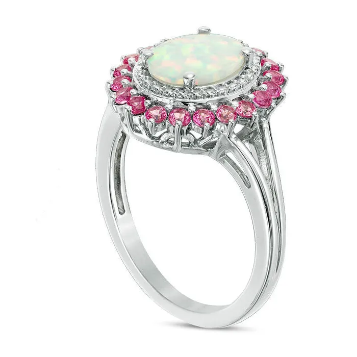 Rings Goldia Oval LabCreated Opal with Pink and White Sapphire Flower Frame Ring in Sterling Silver