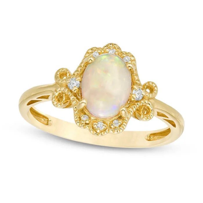 Rings Goldia Oval Opal and 005 CT TW Natural Diamond Filigree Antique VintageStyle Ring in Solid 14K Gold