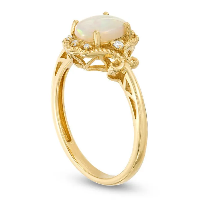 Rings Goldia Oval Opal and 005 CT TW Natural Diamond Filigree Antique VintageStyle Ring in Solid 14K Gold