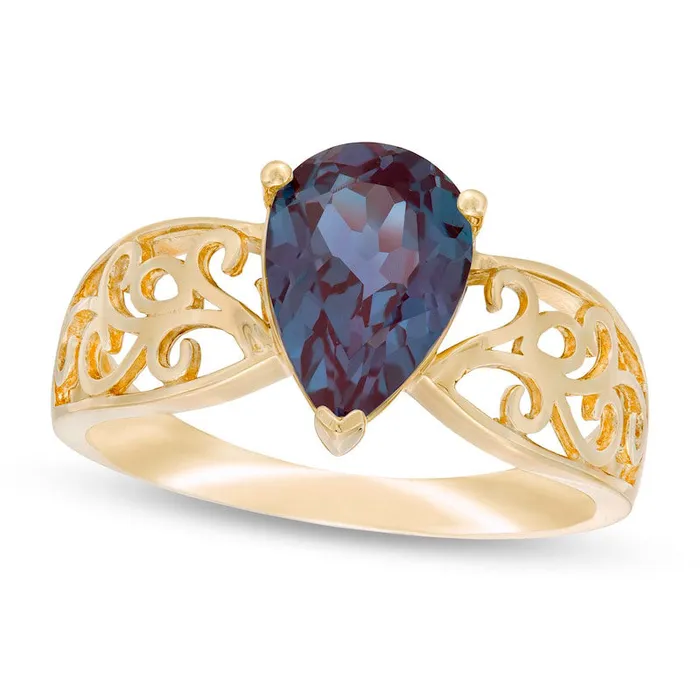 Rings Goldia PearShaped LabCreated Alexandrite Wide Filigree Ring in Solid 10K Yellow Gold