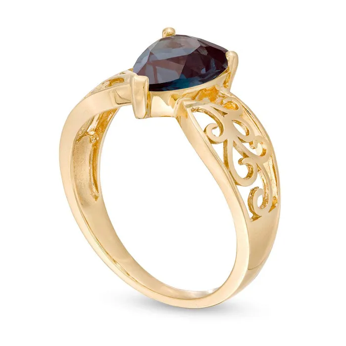 Rings Goldia PearShaped LabCreated Alexandrite Wide Filigree Ring in Solid 10K Yellow Gold