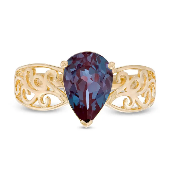 Rings Goldia PearShaped LabCreated Alexandrite Wide Filigree Ring in Solid 10K Yellow Gold