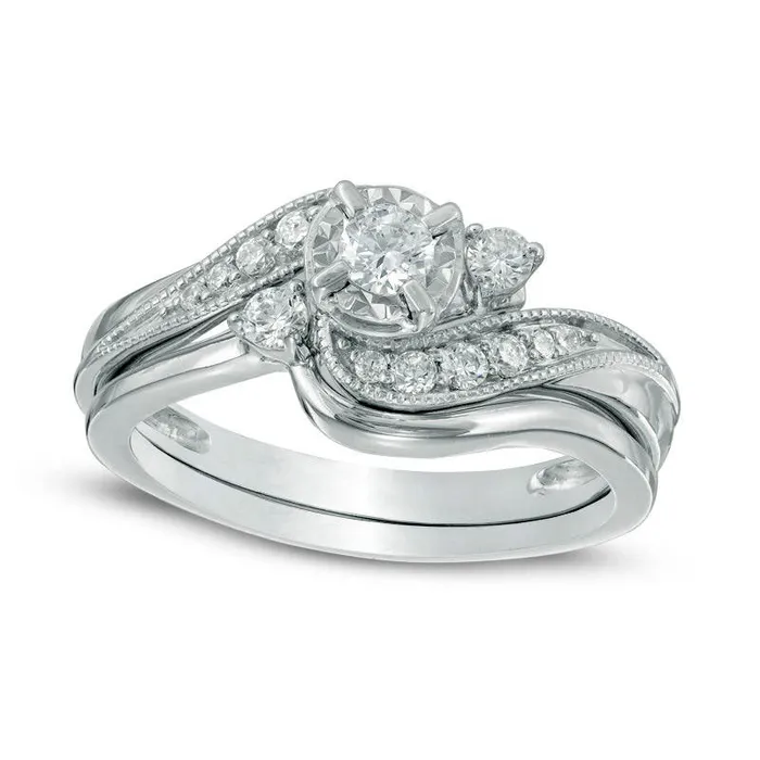 Rings Goldia Previously Owned 038 CT TW Slant Three Stone Bridal Engagement Ring Set in Solid 10K White Gold