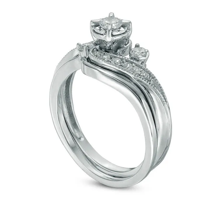 Rings Goldia Previously Owned 038 CT TW Slant Three Stone Bridal Engagement Ring Set in Solid 10K White Gold