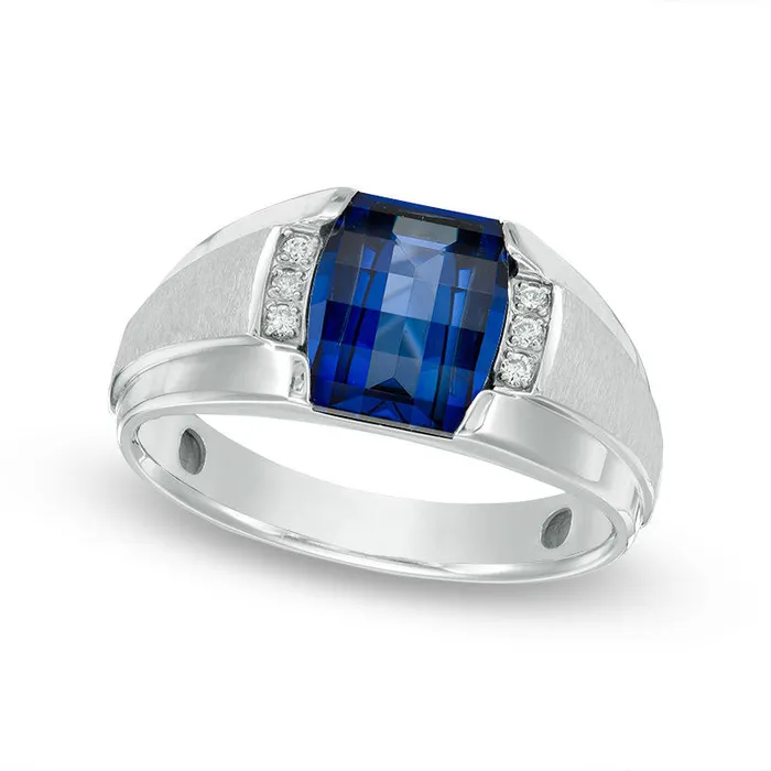 Rings Mens BarrelCut LabCreated Blue Sapphire and Diamond Accent Ring in Solid 10K White Gold Goldia