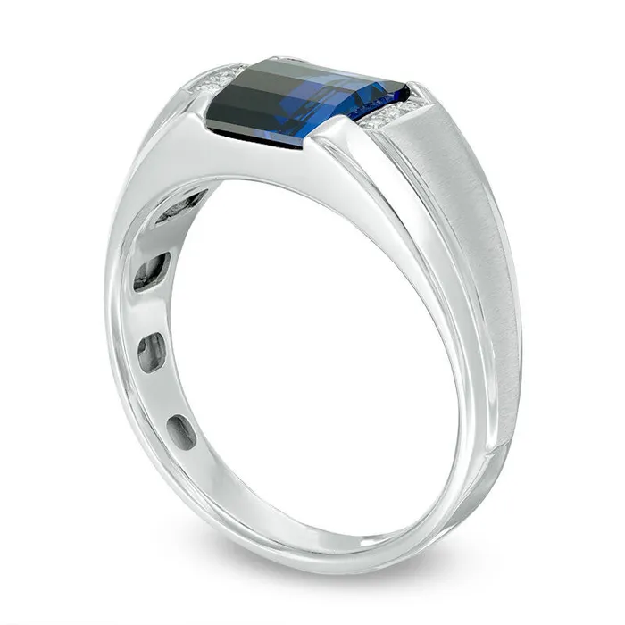 Rings Mens BarrelCut LabCreated Blue Sapphire and Diamond Accent Ring in Solid 10K White Gold Goldia Rings Mens BarrelCut LabCreated Blue Sapphire and Diamond Accent Ring in Solid 10K White Gold Goldia