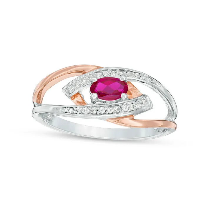 Rings Oval LabCreated Ruby and Diamond Accent Split Shank Ring in Sterling Silver and Solid 10K Rose Gold Goldia