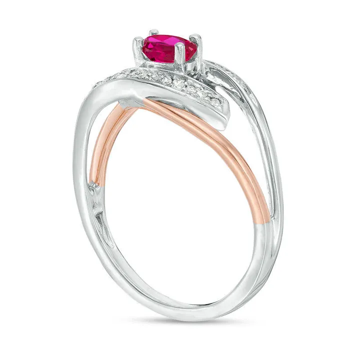 Rings Oval LabCreated Ruby and Diamond Accent Split Shank Ring in Sterling Silver and Solid 10K Rose Gold Goldia