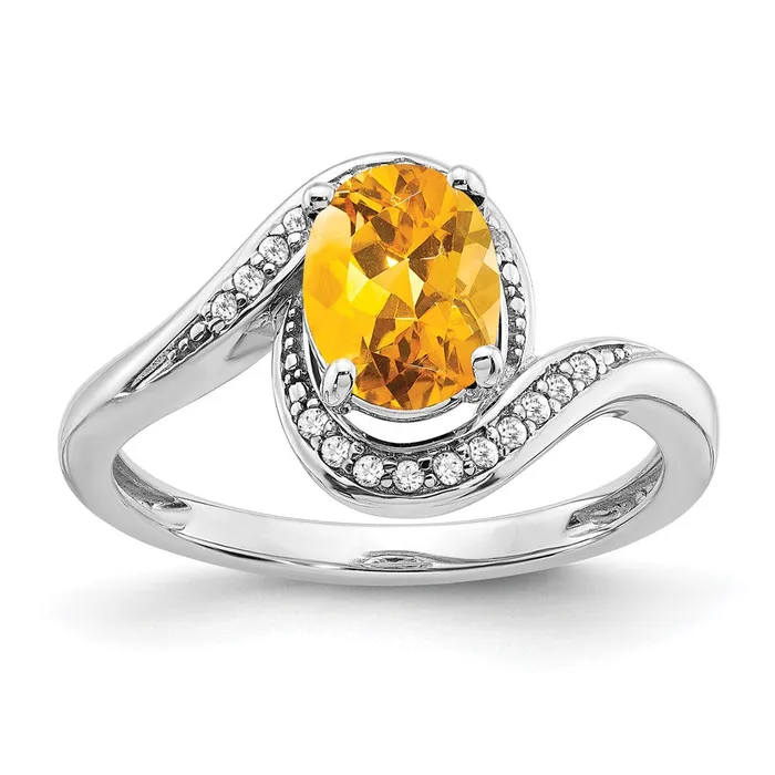 Rings Solid 14k White Gold Oval Simulated Citrine and CZ Bypass Ring Goldia