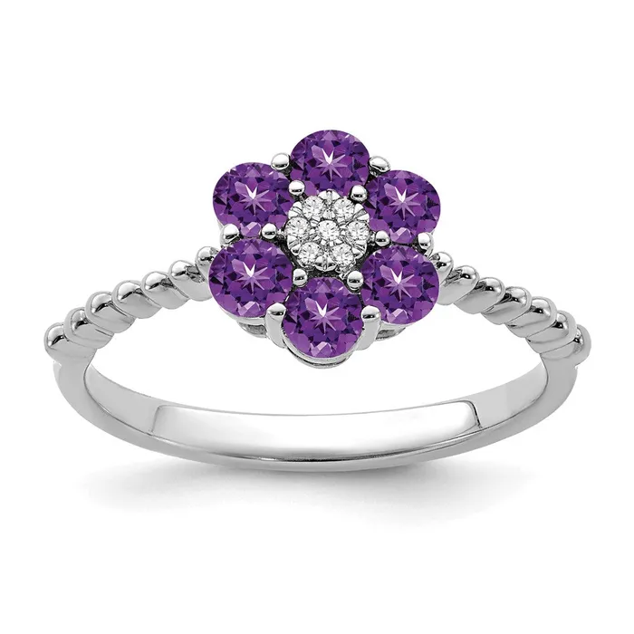 Rings Solid 14k White Gold Simulated Amethyst and CZ Floral Ring Goldia