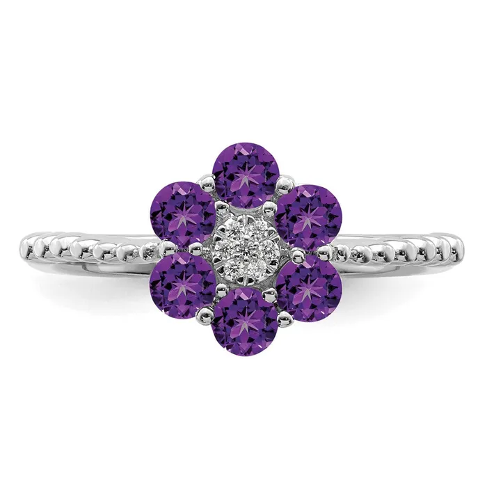 Rings Solid 14k White Gold Simulated Amethyst and CZ Floral Ring Goldia
