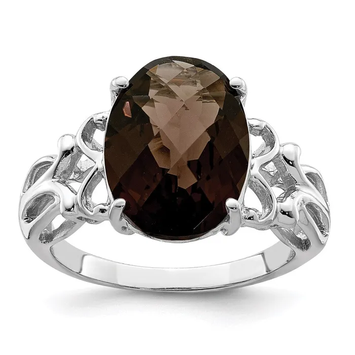 Rings Sterling Silver Rhodium CheckerCut Smoky Quartz Ring Goldia