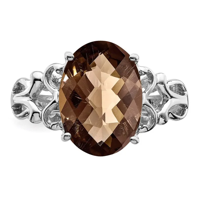 Rings Sterling Silver Rhodium CheckerCut Smoky Quartz Ring Goldia