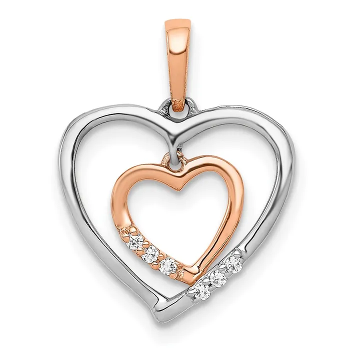 Solid 14k Twotone White w Rose Gold Heart Charm Simulated CZ Pendant Goldia Rings