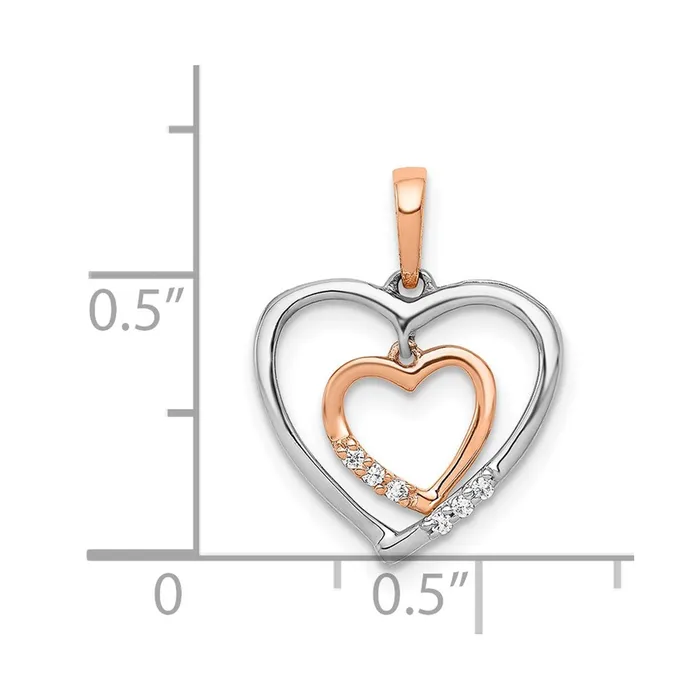 Solid 14k Twotone White w Rose Gold Heart Charm Simulated CZ Pendant Goldia Rings