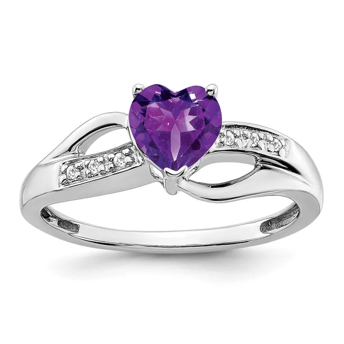 Solid 14k White Gold Simulated Amethyst and CZ Heart Ring Goldia Rings