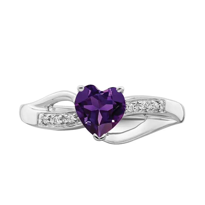 Solid 14k White Gold Simulated Amethyst and CZ Heart Ring Goldia Rings