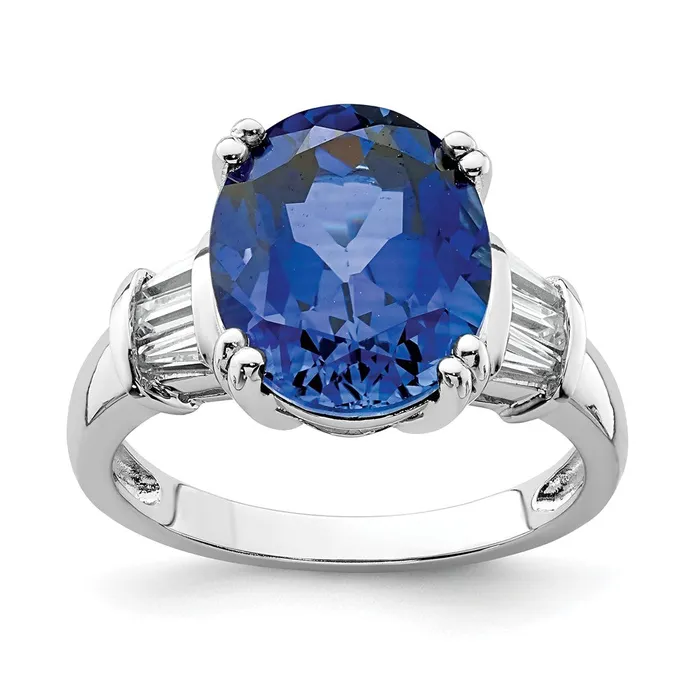 Sterling Silver Rhodiumplated Created Blue Sapphire and CZ Ring Goldia Rings
