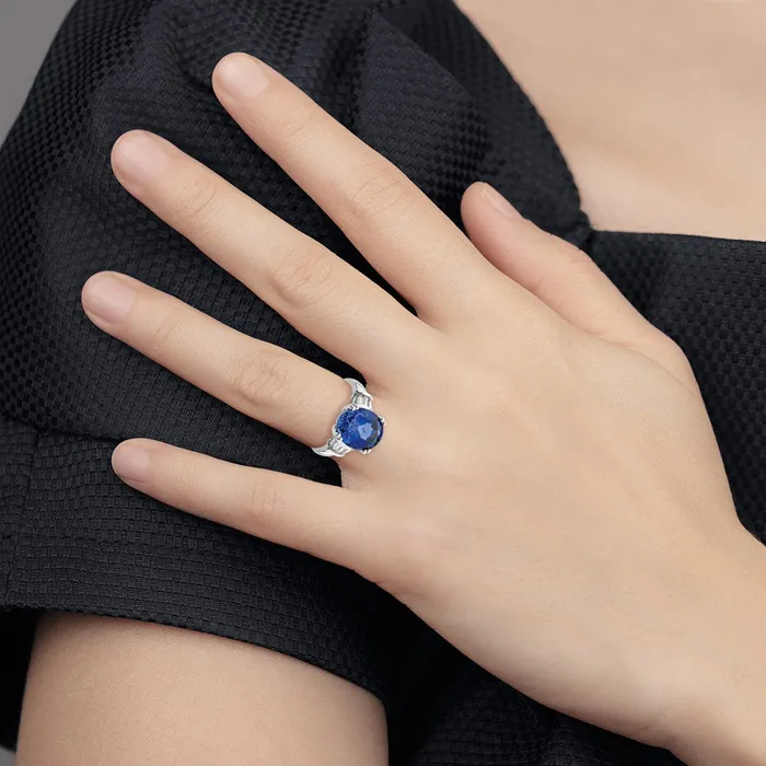 Sterling Silver Rhodiumplated Created Blue Sapphire and CZ Ring Goldia Rings